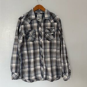 BKE Men's Gray and White Plaid Button Down Shirt